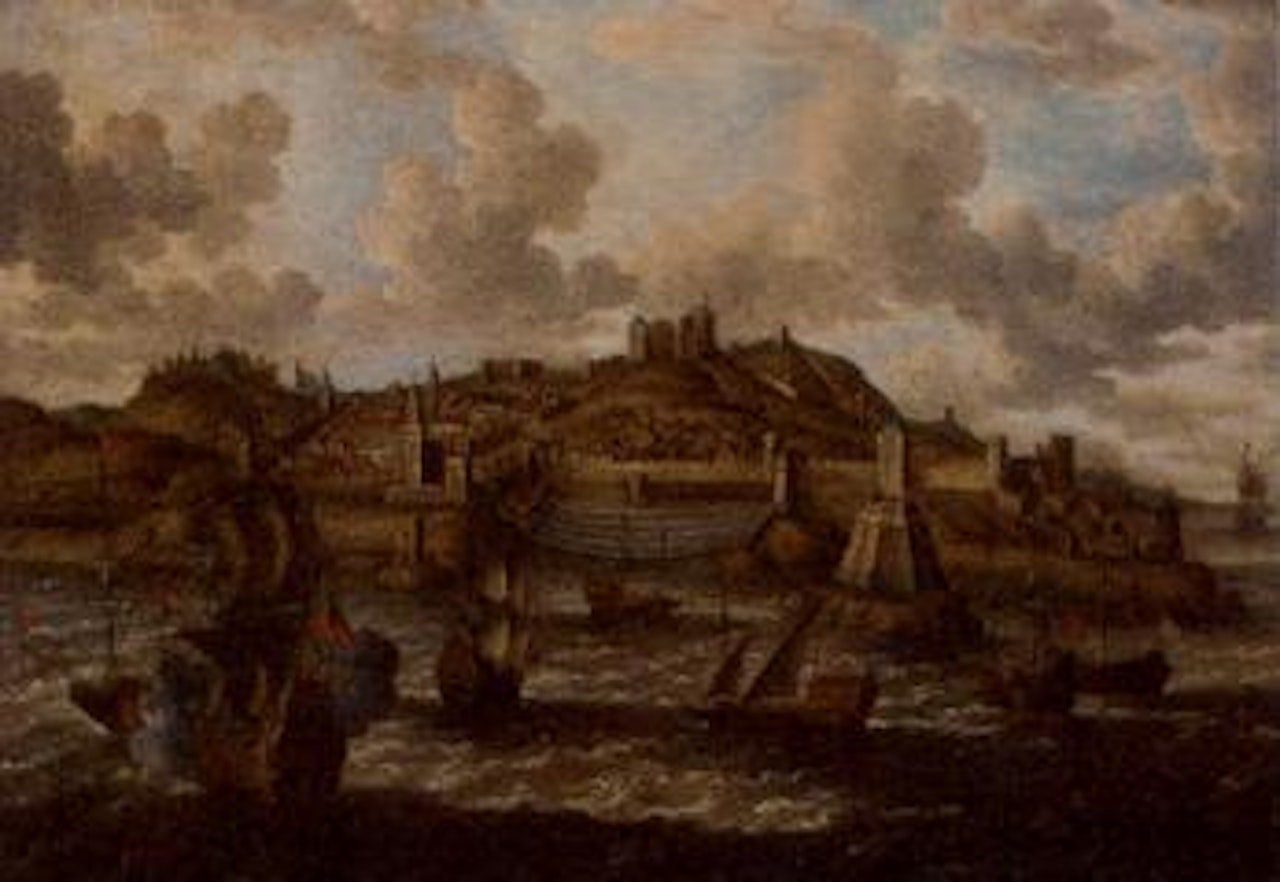 English and Dutch warships and Tunis galeasses before a fortified port by Pieter van de Velde