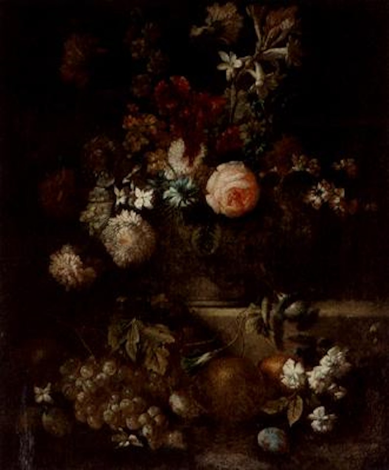 Roses, narcissi and other flower in a vase on a ledge with fruit by Franz Werner von Tamm