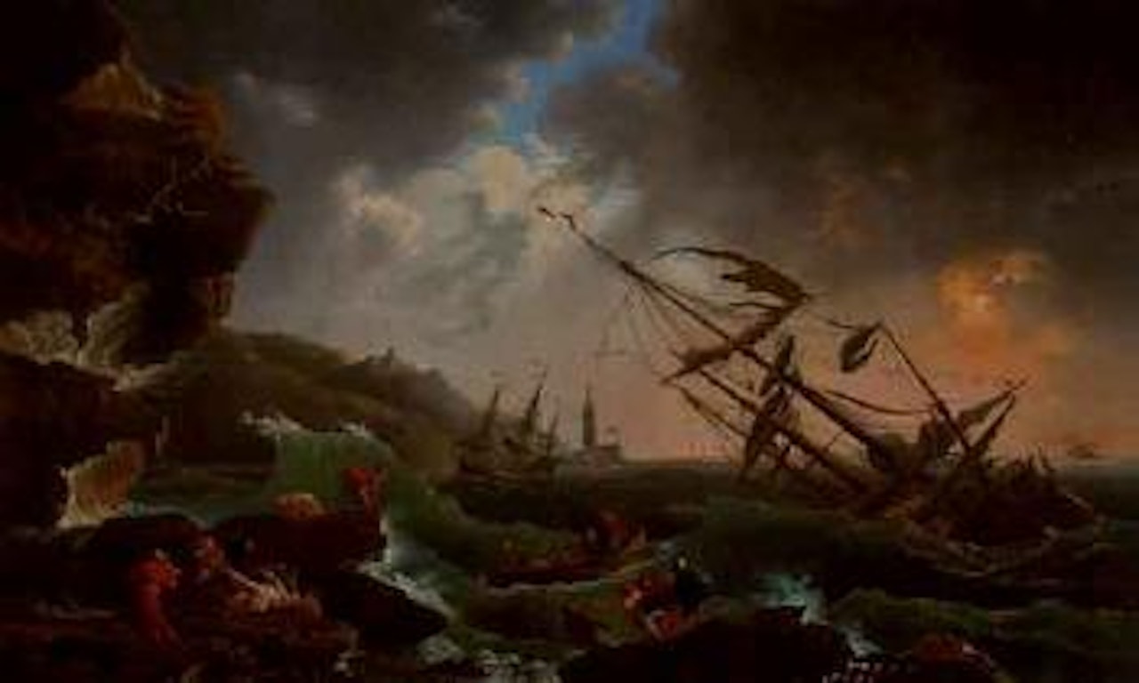 Mediterranean coast with a shipwreck in stormy seas by Claude Joseph Vernet