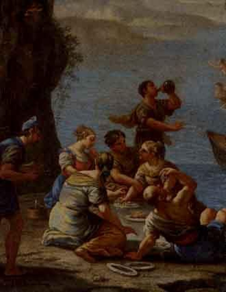 Figures on a shore eating pasta and drinking wine by Circle of Luca Giordano