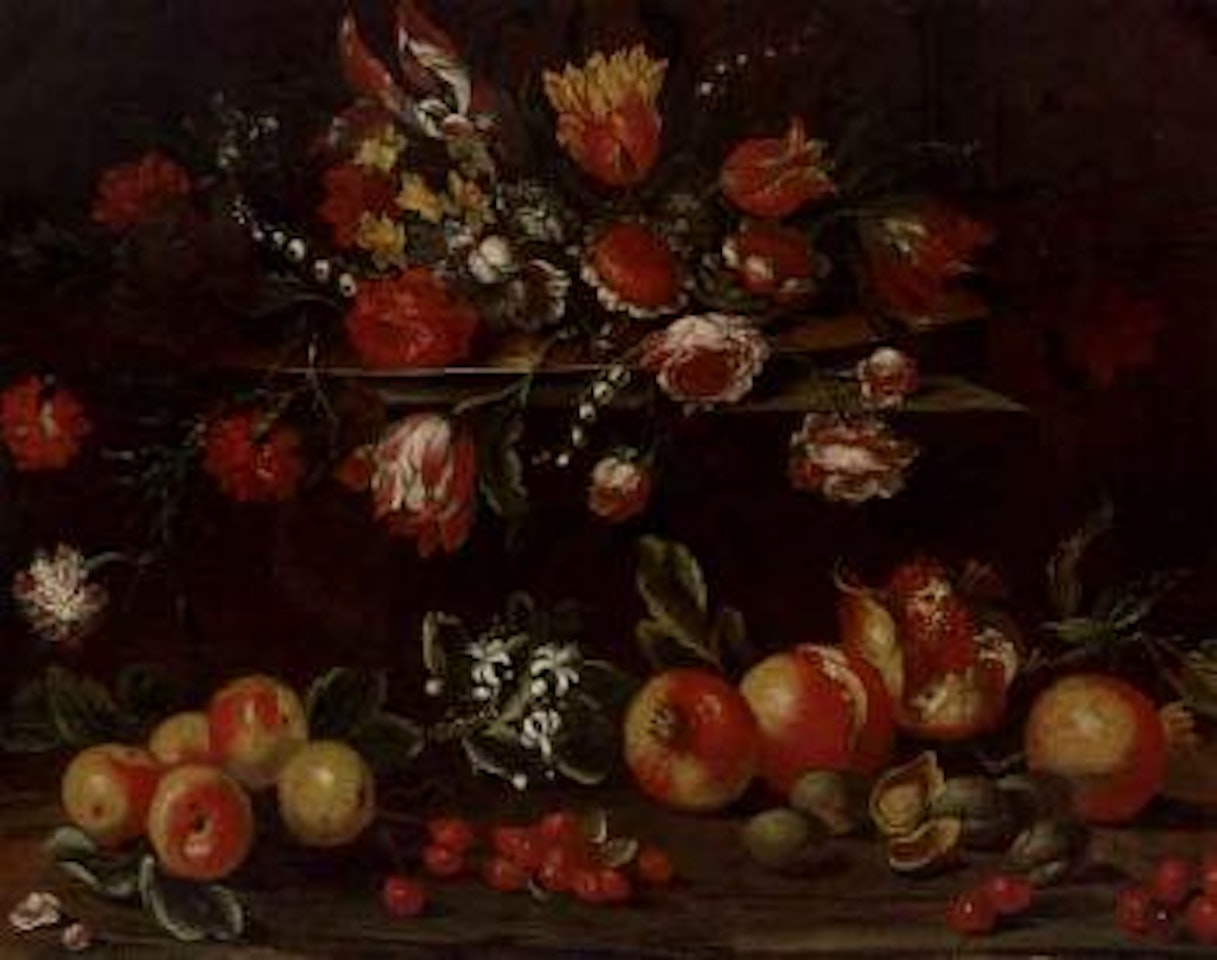 Carnations, tulips and other flowers in a dish on a ledge by Giuseppe Recco
