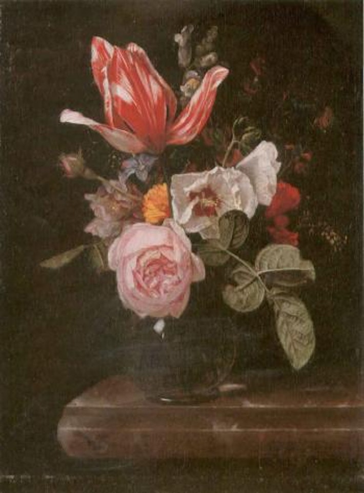 Roses, other flowers in a glass vase on a stone ledge by Cornelis Kick
