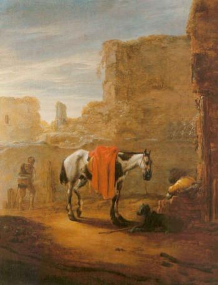 Horse and traveller resting on a road with ruins beyond by Pieter Cornelisz Verbeeck