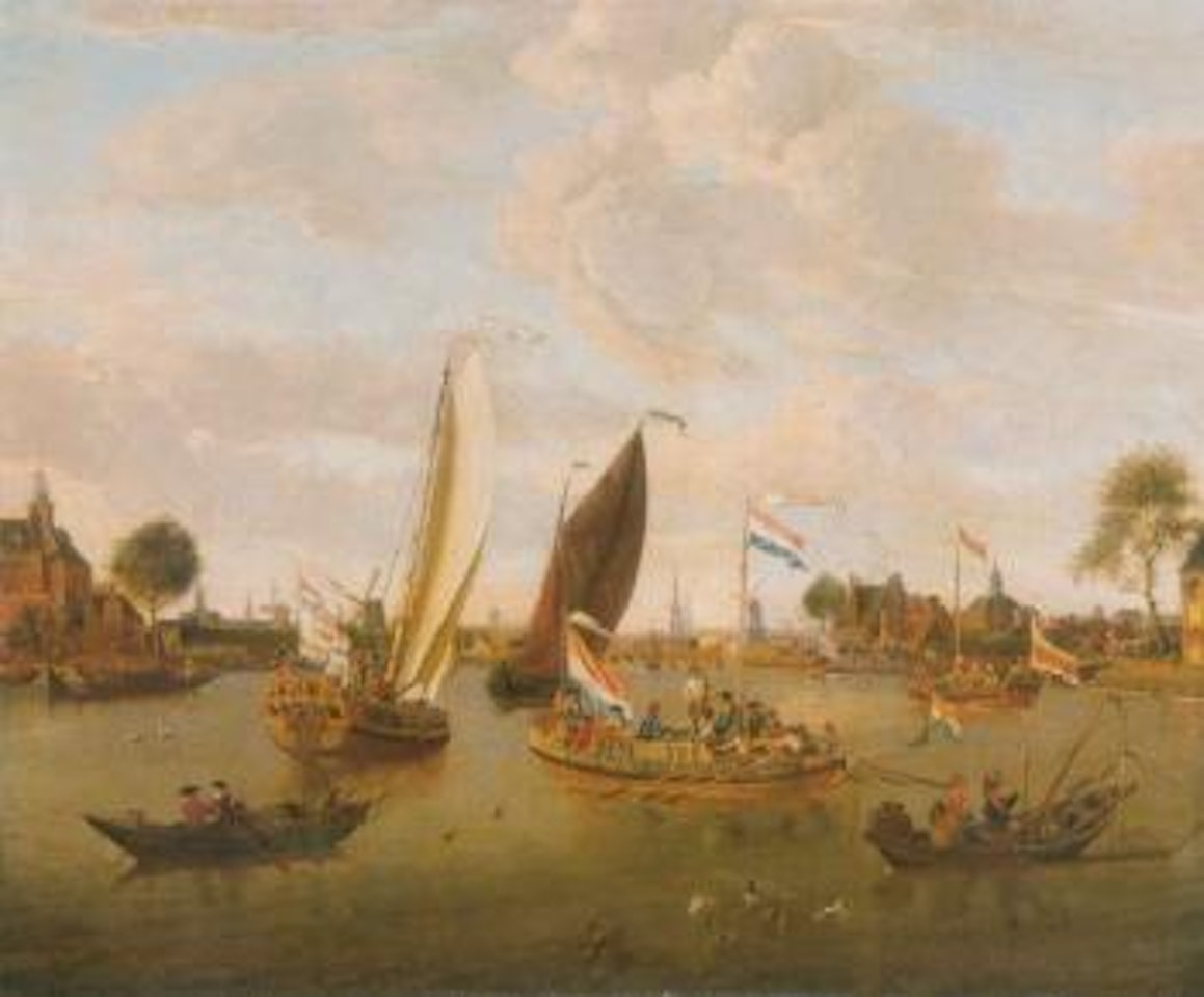 View of Amsterdam with the Trekschuit and Smalschips on the river by Abraham Storck