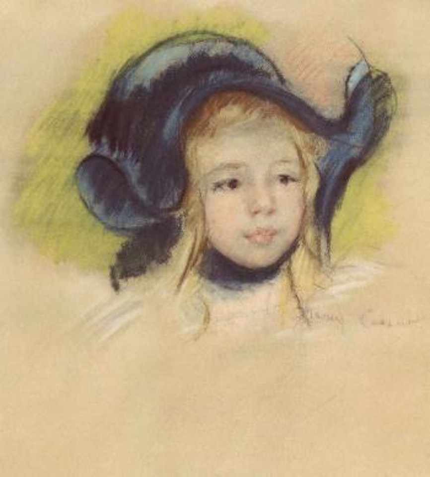 Head of Simone in a green bonnet with wavy brim by Mary Cassatt