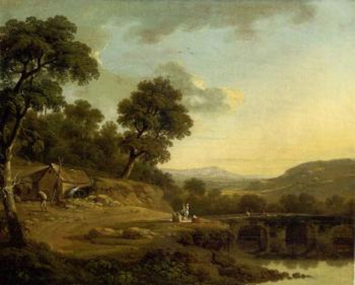 Wooded river landscape with travellers on a bridge by Thomas Roberts