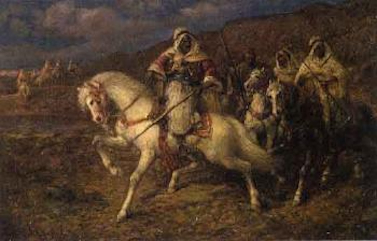 Mounted bedouin in the desert by Adolf Schreyer