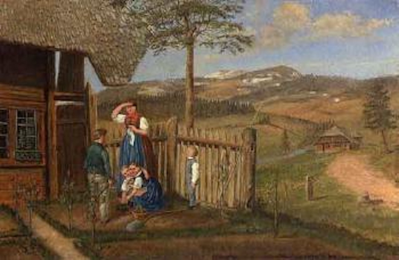 Peasant family in garden by Hans Thoma