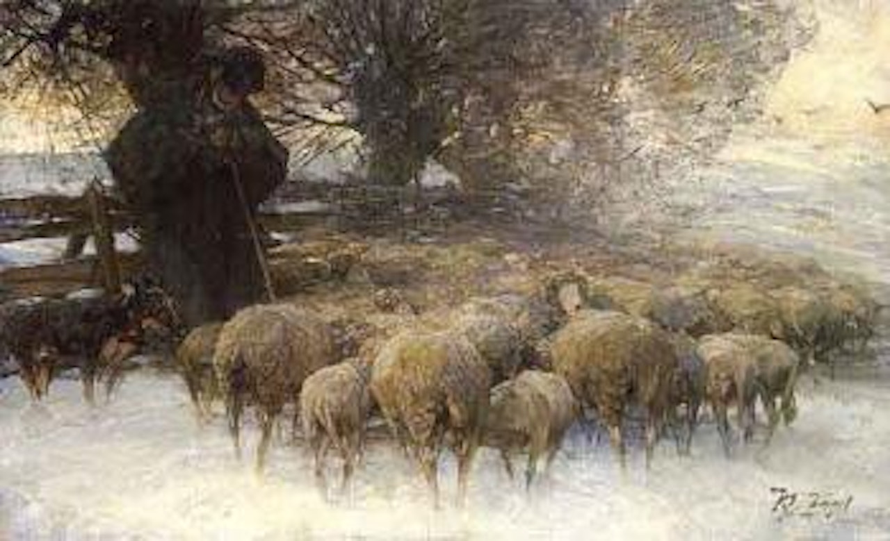 Shepherd with dog and flock by wooden fence by Heinrich von Zugel