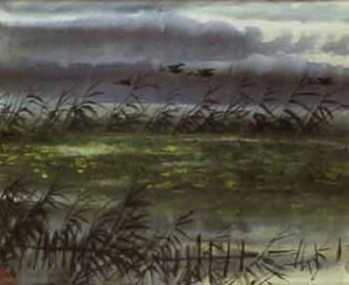 Wild birds flying over lotus pond by Lin Fengmian