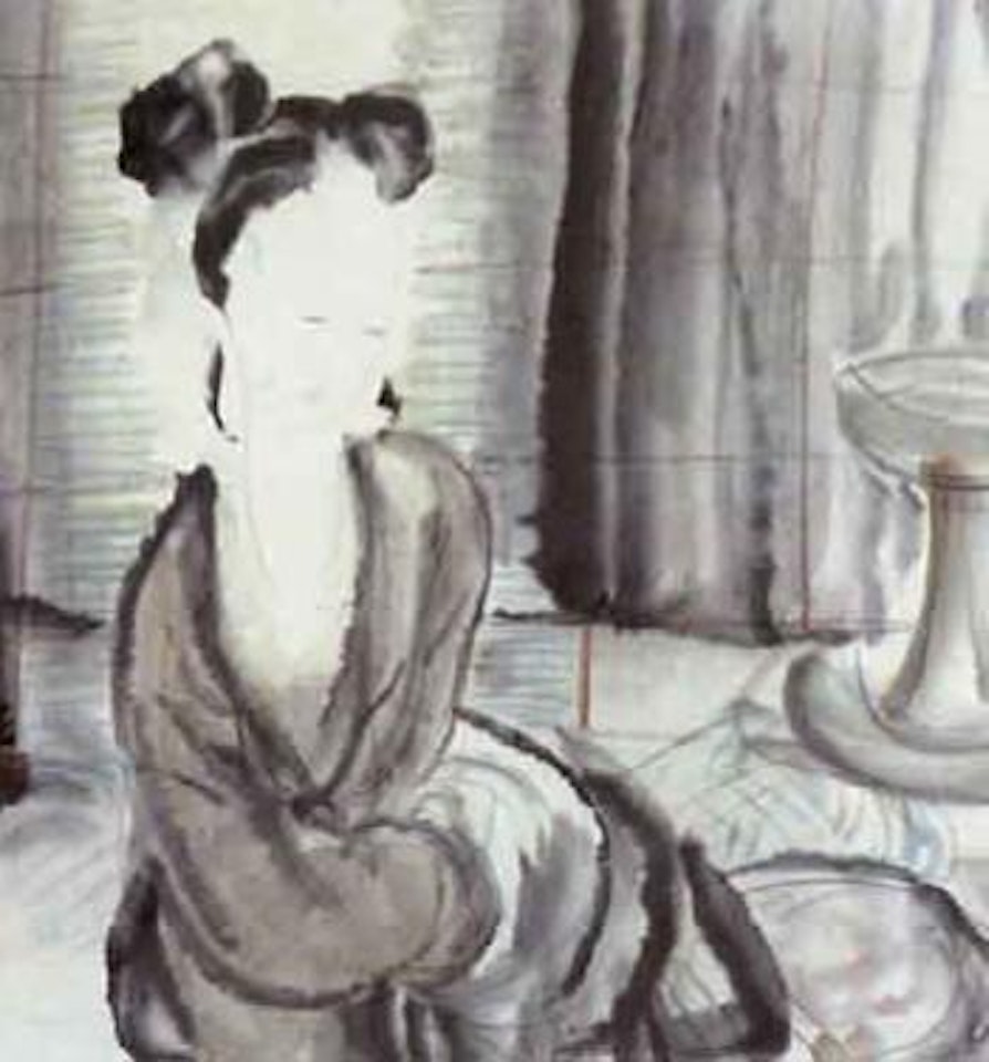Young lady seated by a lamp by Lin Fengmian