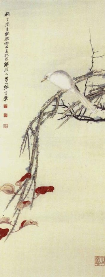 White bird perching on branch with red leaves by Zhang Daqian