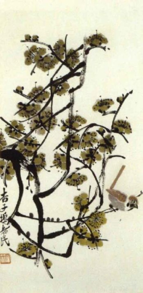 Sparrow perched on a flowering branch by Qi Baishi