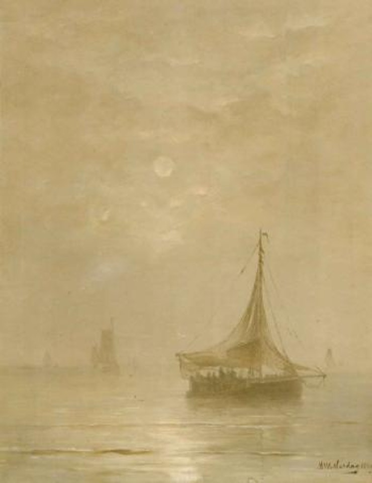 A calm, bomschuiten at sea on a hazy afternoon by Hendrik-Willem Mesdag