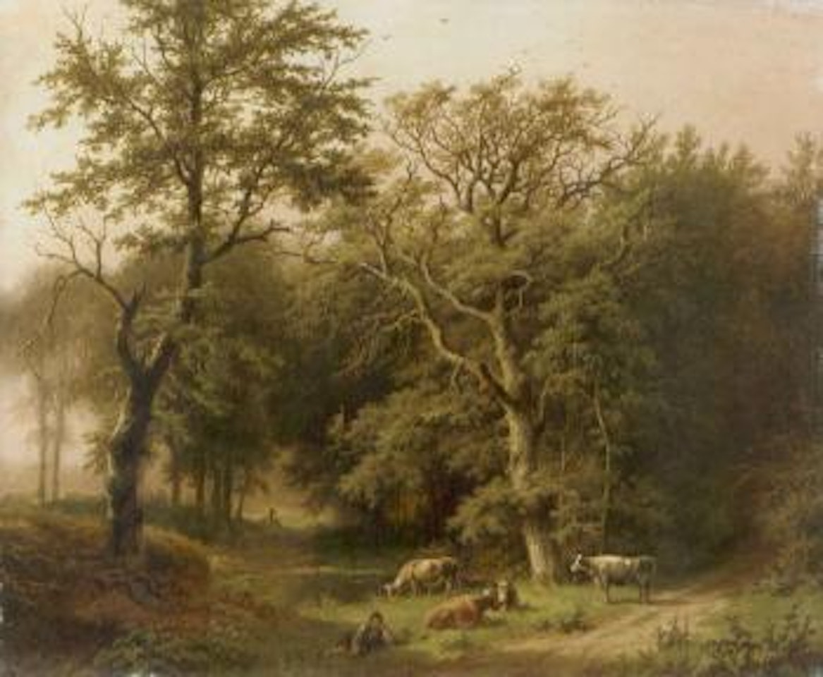 Along a forest path in summer. Figures by a stream in winter by Barend Cornelis Koekkoek