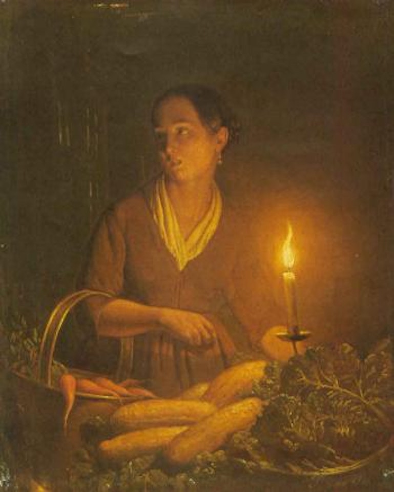 A girl at the night market by Petrus van Schendel