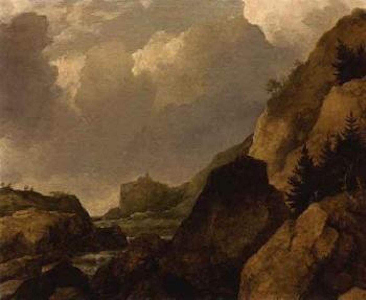 Scandinavian rocky river landscape with figures near trees by Allart van Everdingen