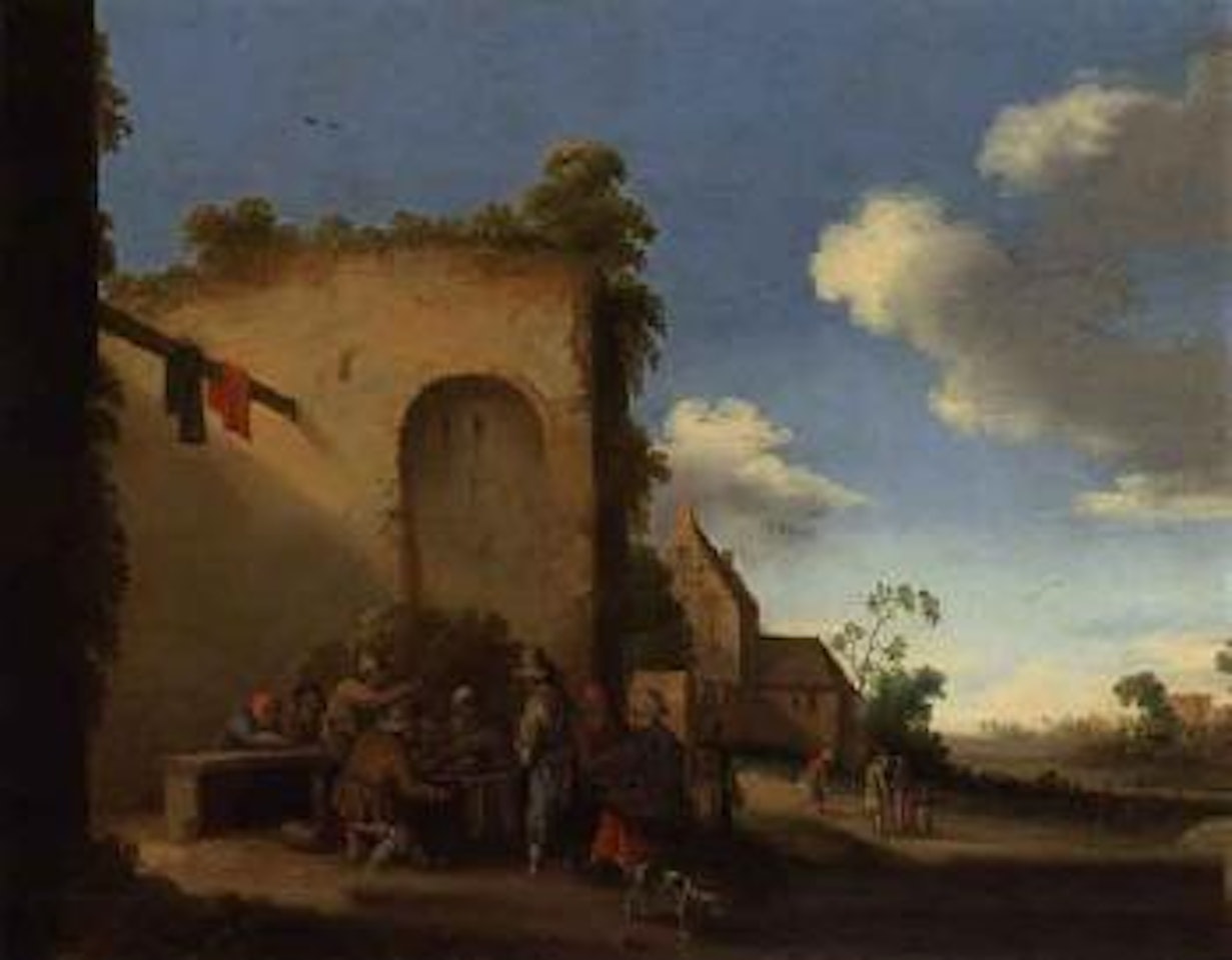Village street with peasants drinking and eating at a table with dog by Joost Cornelisz Droochsloot