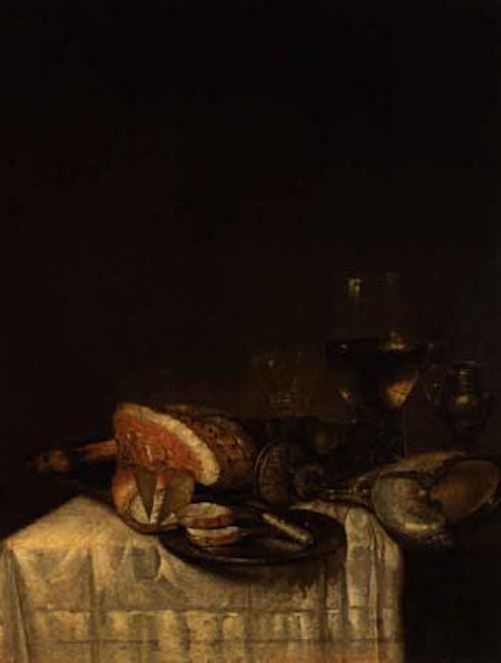 Still life with nautilus cup, roemer, wineglass on pewter plates on table by Willem Claesz Heda