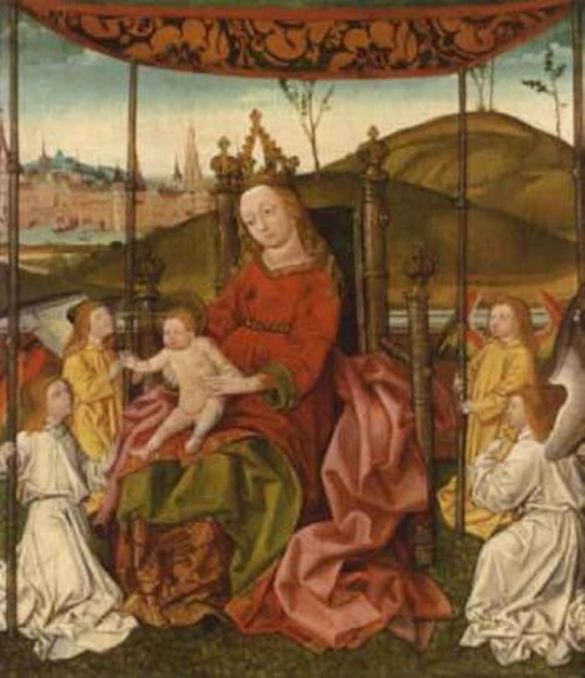 The enthroned Virgin and Child, accompanied by four angels holding a canopy by German School