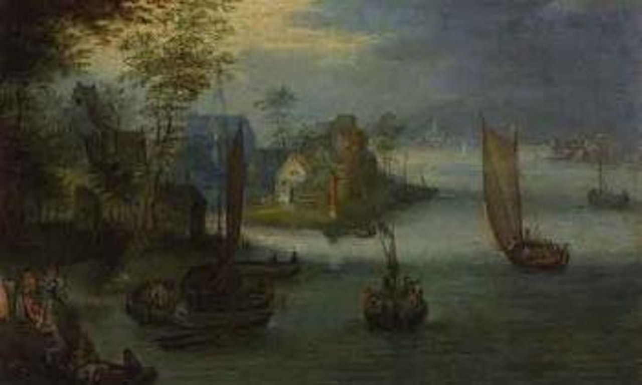 River landscape with sailing boats and other vessels, village beyond by Jan Brueghel the Younger