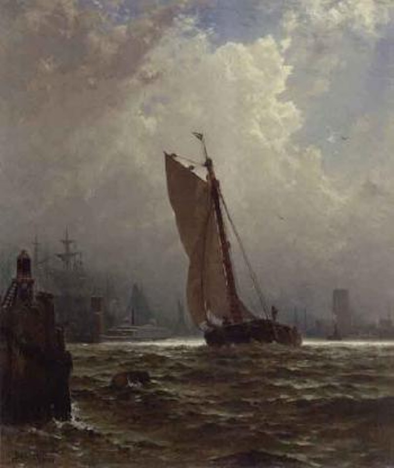 New York Harbour with the Brookland Bridge under construction by Alfred Thompson Bricher