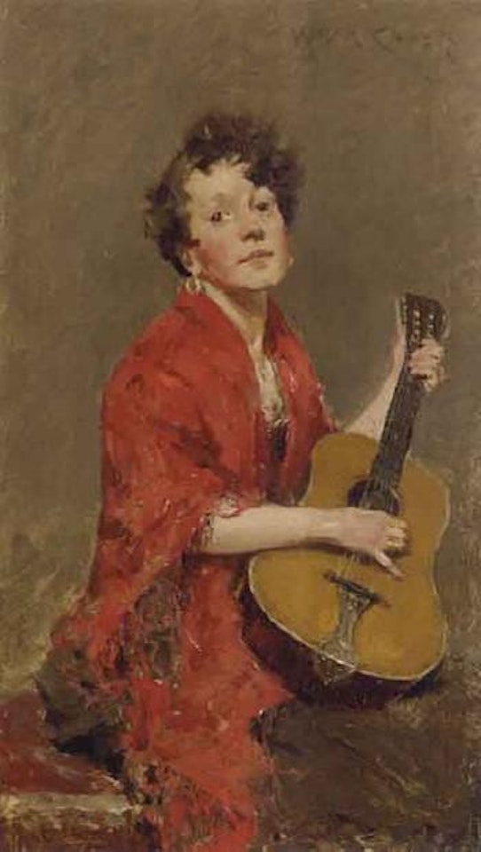 Girl with guitar by William Merritt Chase