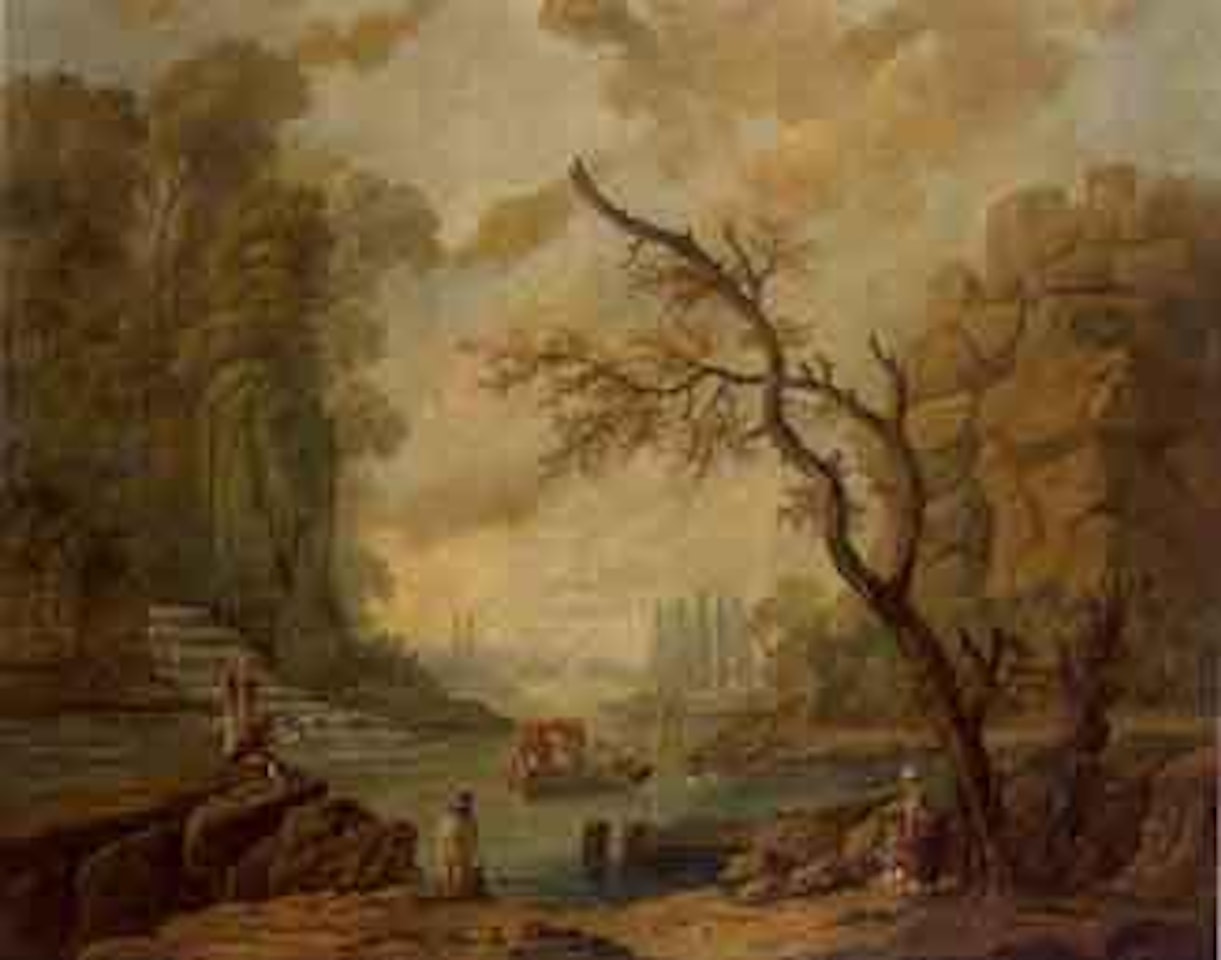 Paysage, lac anime de barques, sur le rivage peintre dissinant by Hubert Robert