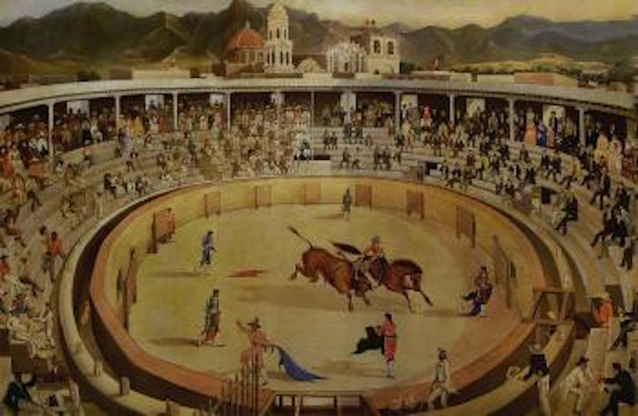 Bull ring with Saltillo cathedral by Mexican School