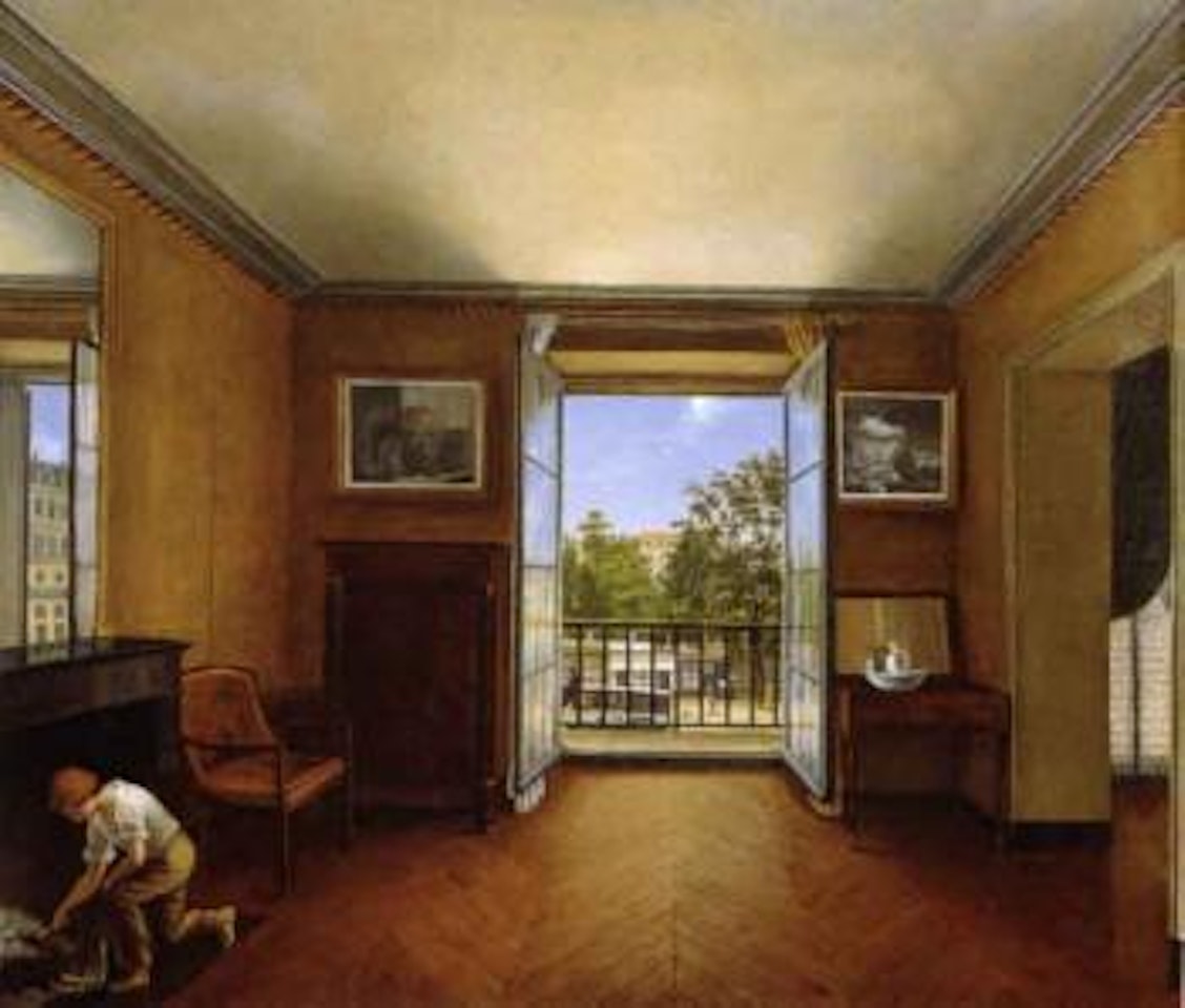 Interior with young chimney sweep by French School