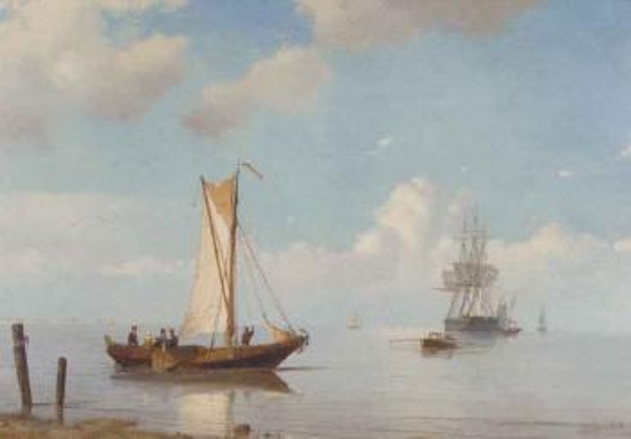 A three-master unloading on a calm summer's day by Peter Paulus Schiedges