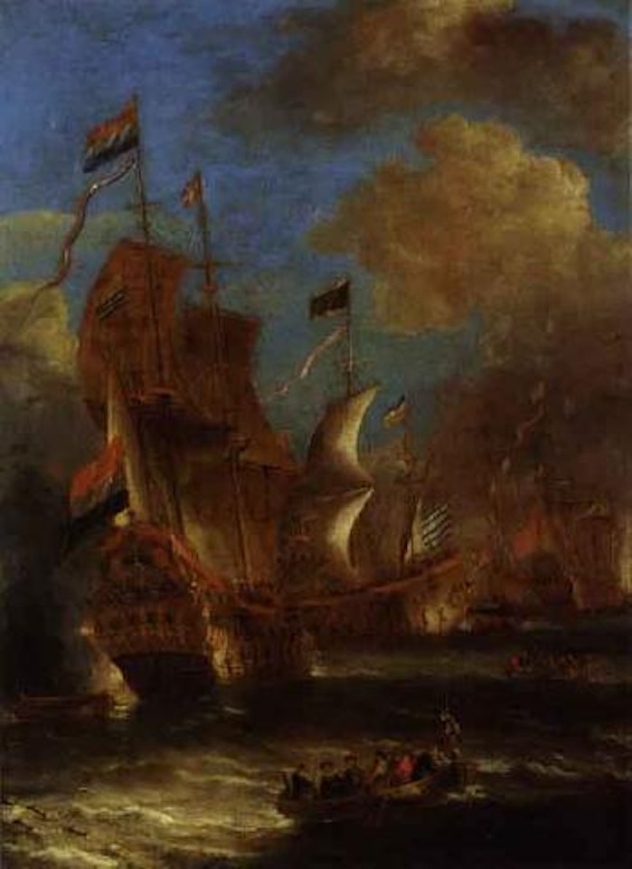 Dutch Men-o'war engaged in a battle with rowing boats in the foreground by Pieter van de Velde