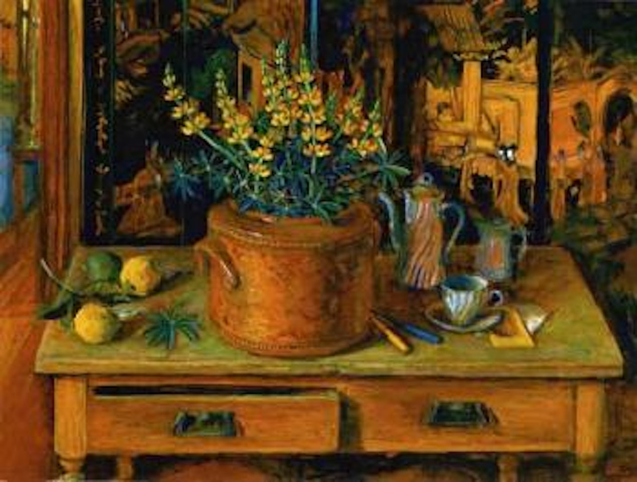 Chinese screen with Lupius I by Margaret Hannah Olley