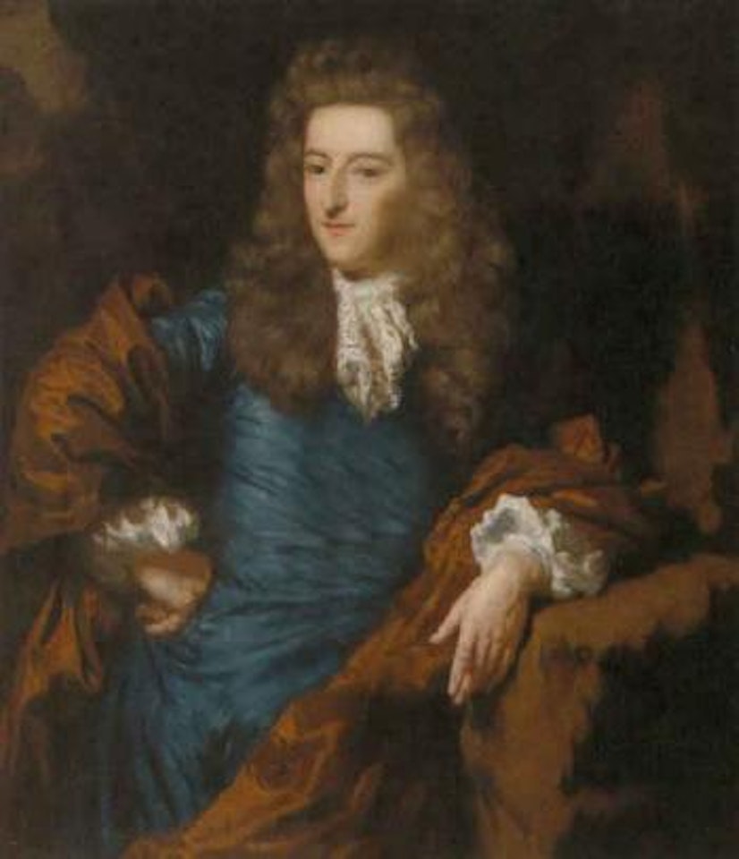 Portrait of a nobleman in a satin blue waistcoat brown mantle and wig, in a landscape by Nicolaes Maes