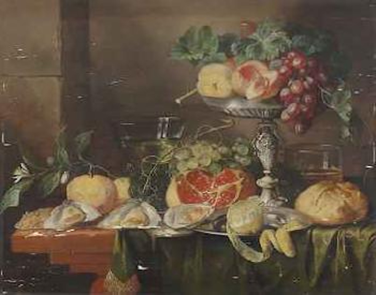 Still life with oysters, pomegranate, wine glass by Flemish School