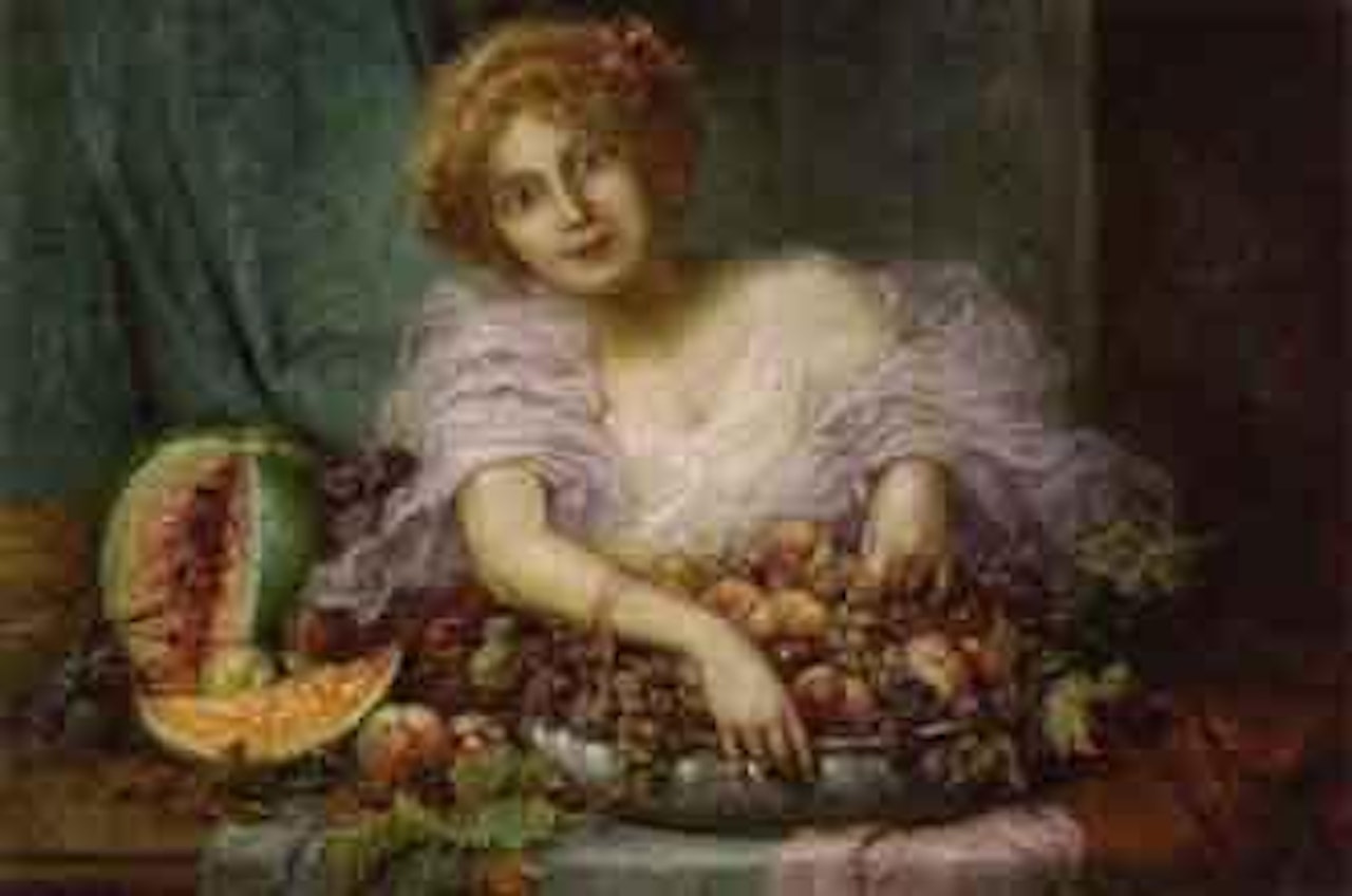 Young woman with fruit bowl by Hans Zatzka