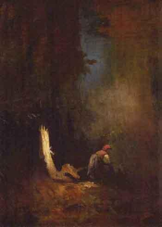 Shattered tree trunk and woman gathering wood by Carl Spitzweg