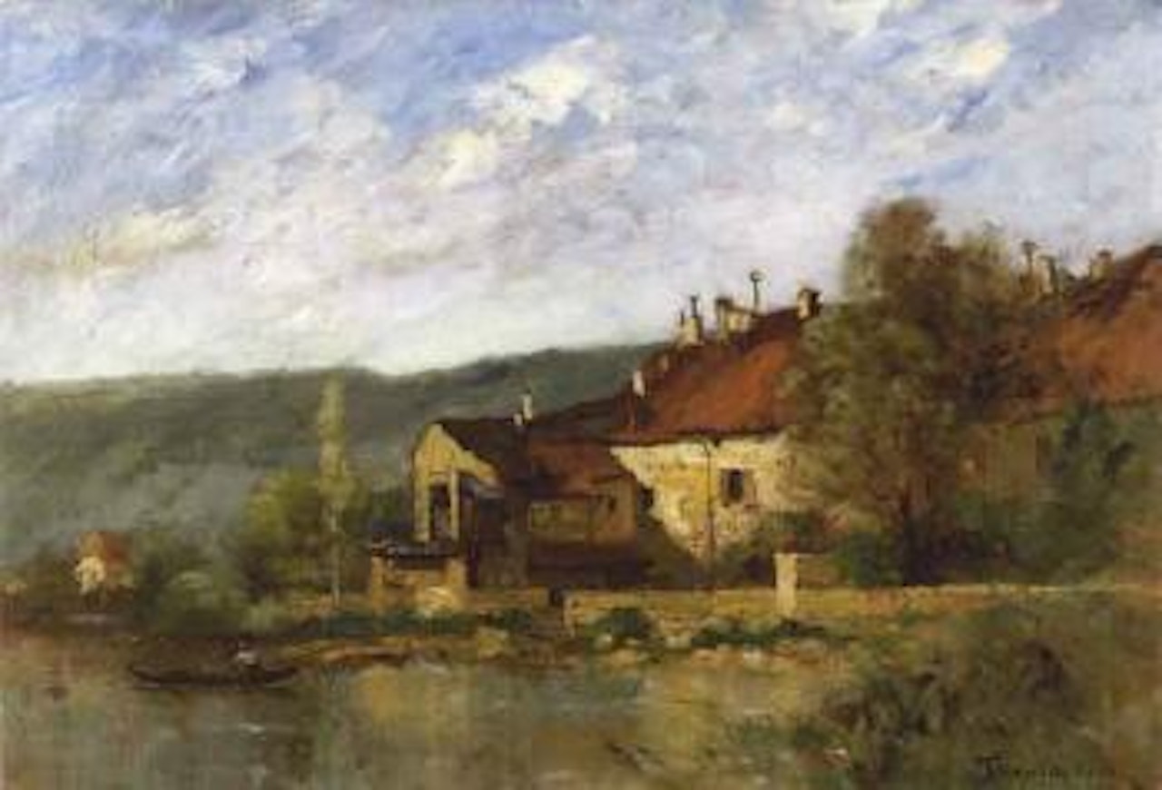 Old houses on shore of the Loue in Quingey by Paul Désiré Trouillebert