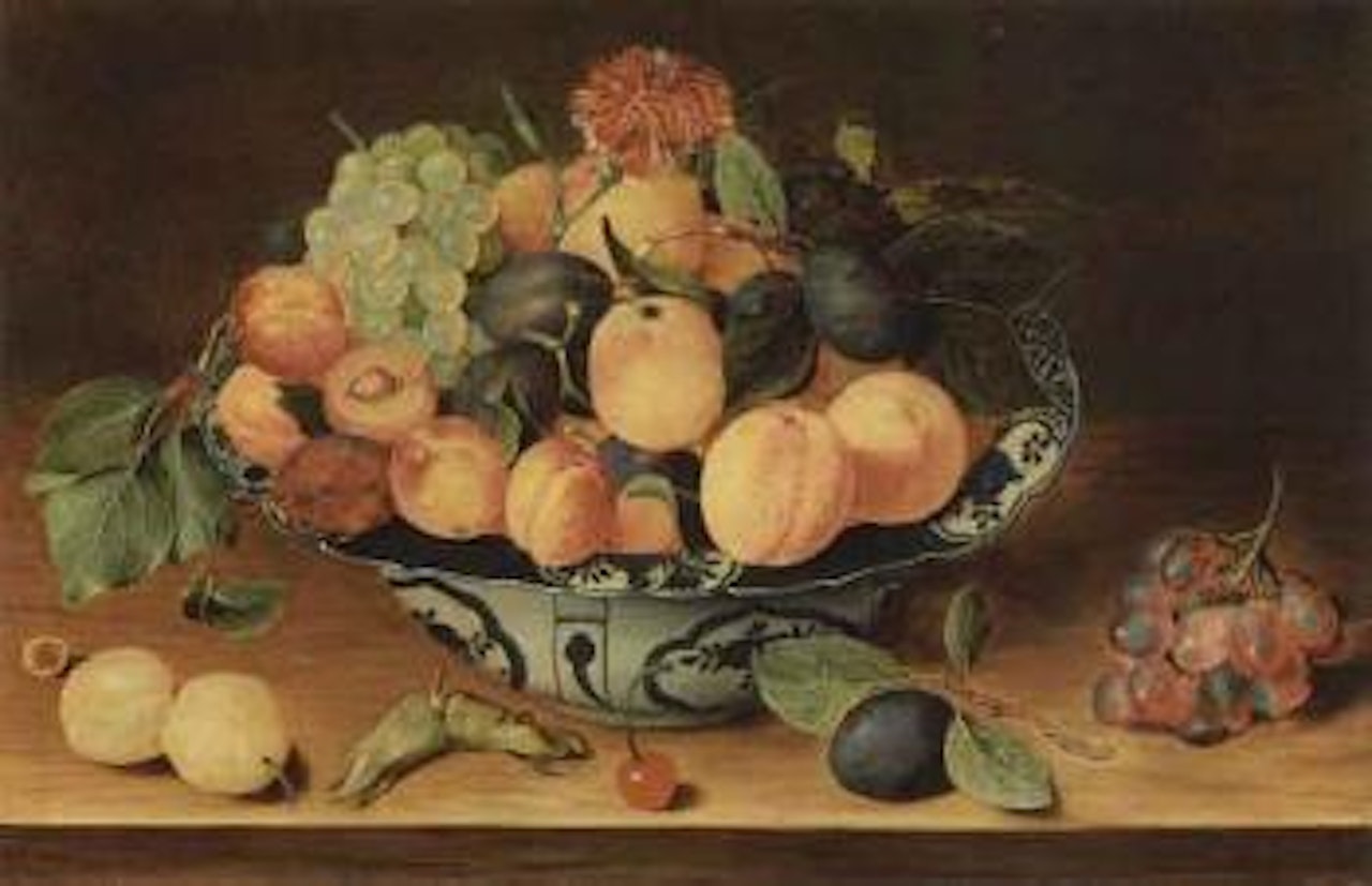 Still life of fruit and Delft bowl by Isaak Soreau
