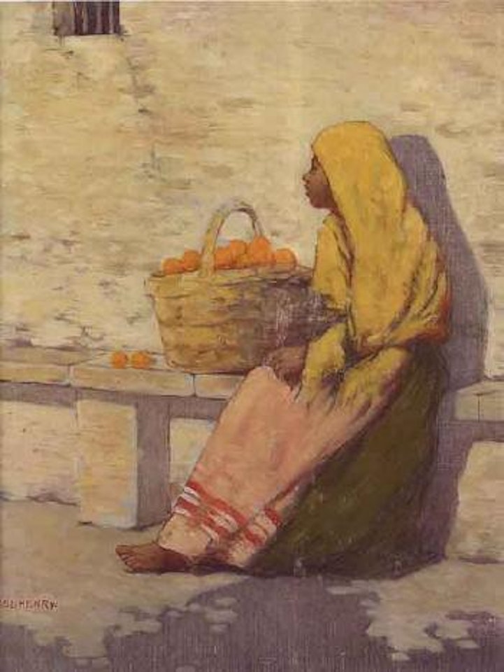 Seated girl with basket by Paul Henry