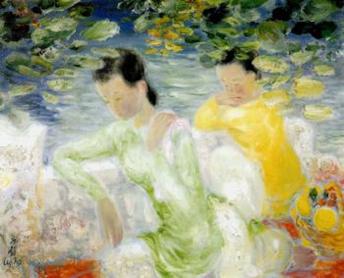Mother and child in the garden by Le Pho