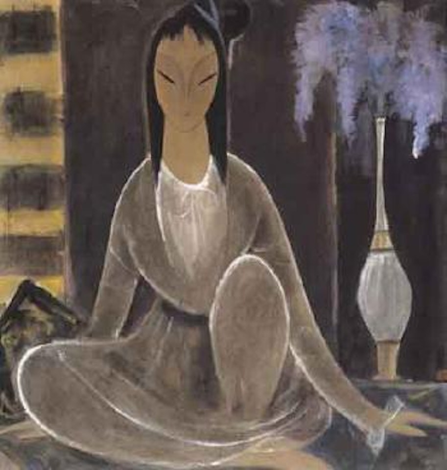 The lady in white with blue wisteria by Lin Fengmian