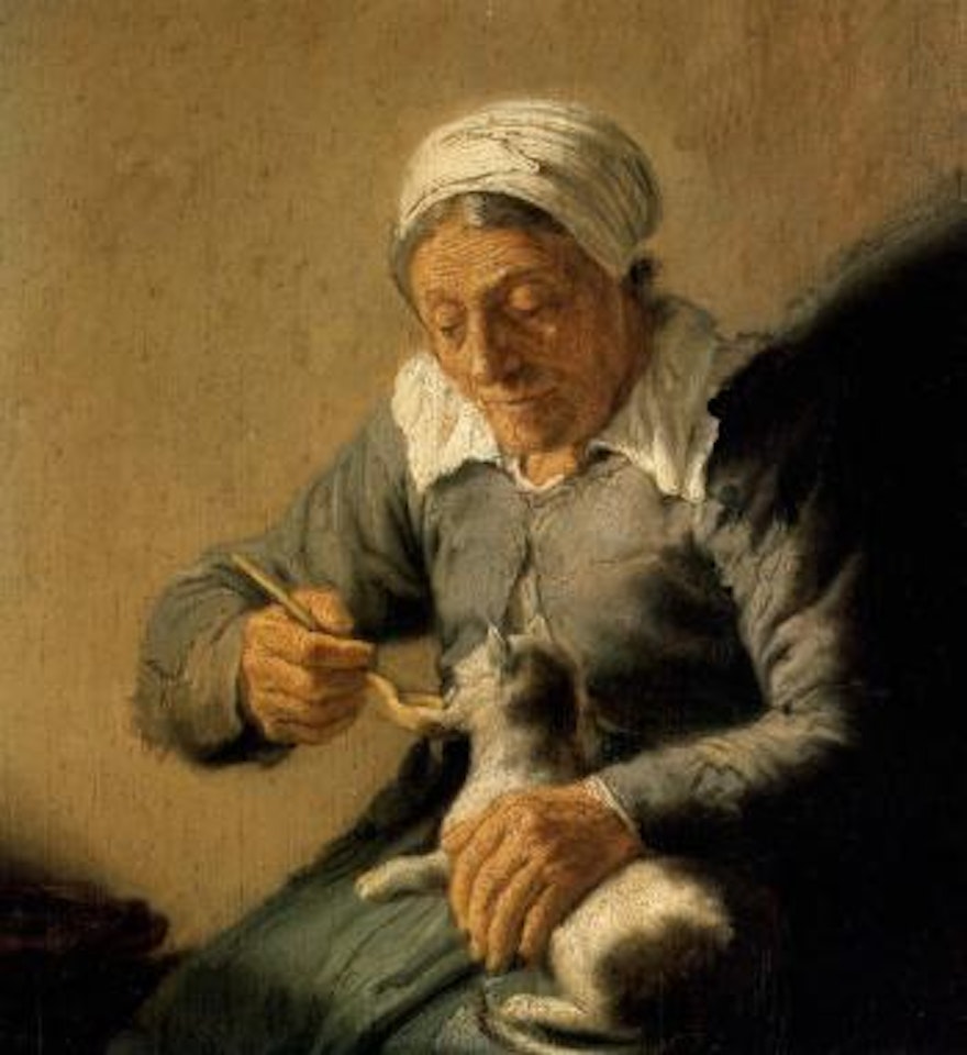 An old peasant woman feeding a cat milk by Attributed to Rembrandt Harmensz van Rijn
