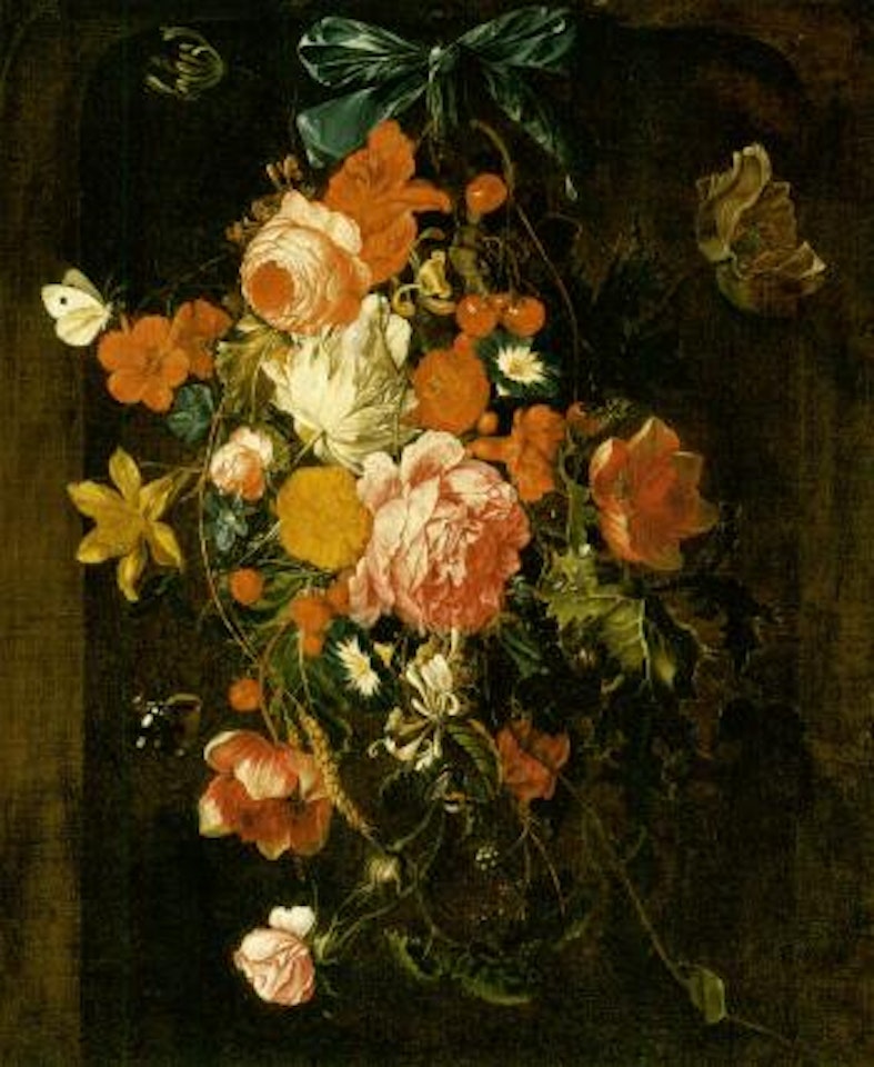 Roses, peonies and other flowers hanging from a nail by Cornelis de Heem