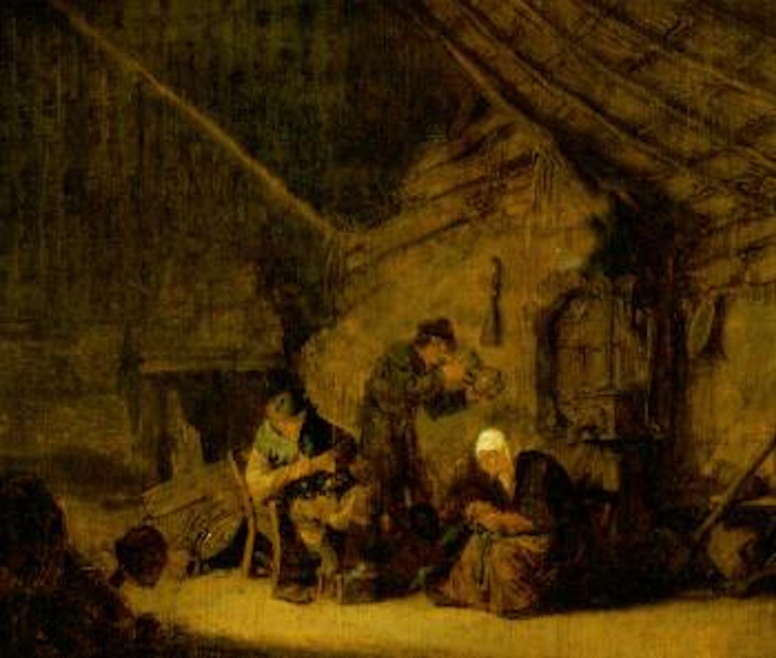 Man delousing a cat with other peasants in an interior by Adriaen van Ostade