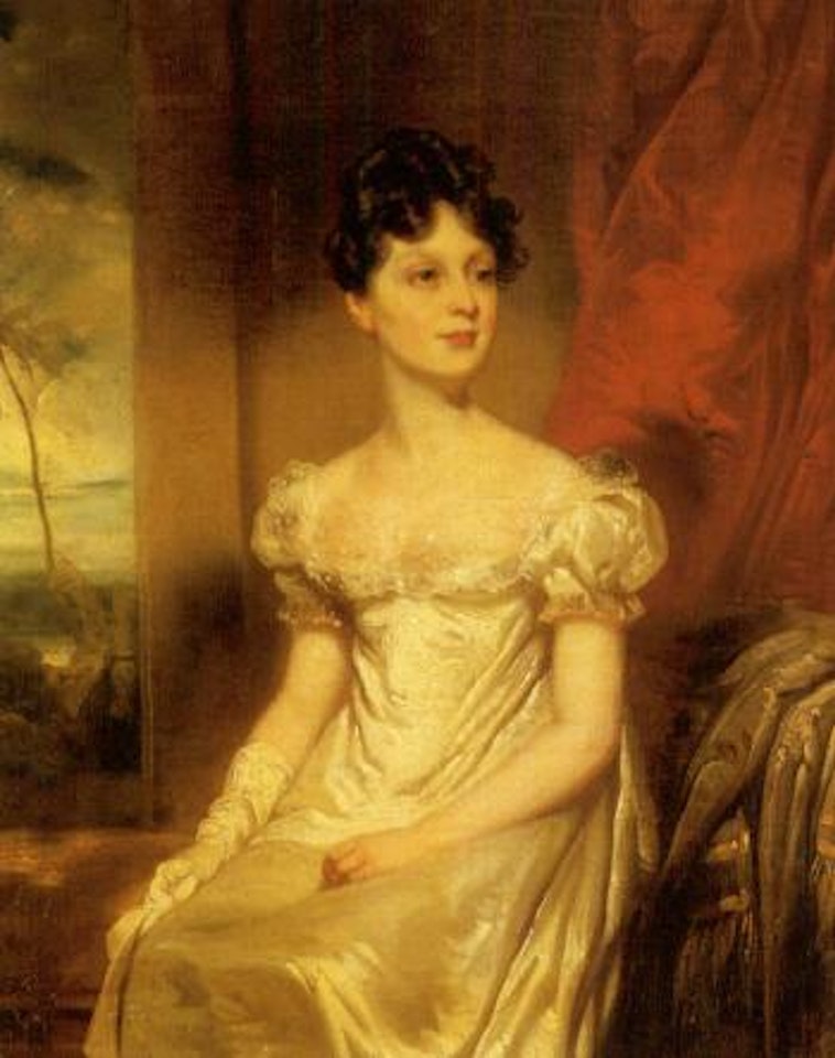 Portrait of Lady Jane Bruce, in a white dress, an eastern landscape by George Chinnery