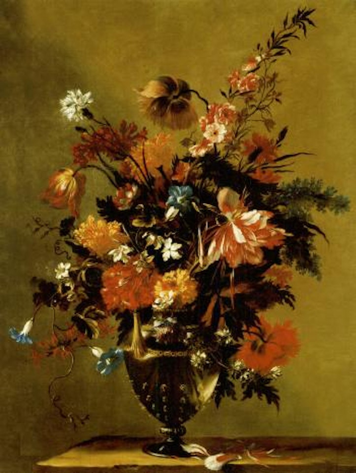 Peonies, bluebells and other flowers in a glass vase by Jean Baptiste Monnoyer