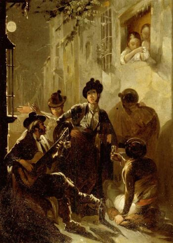 Musicians playing a serenade in an alley by Spanish School