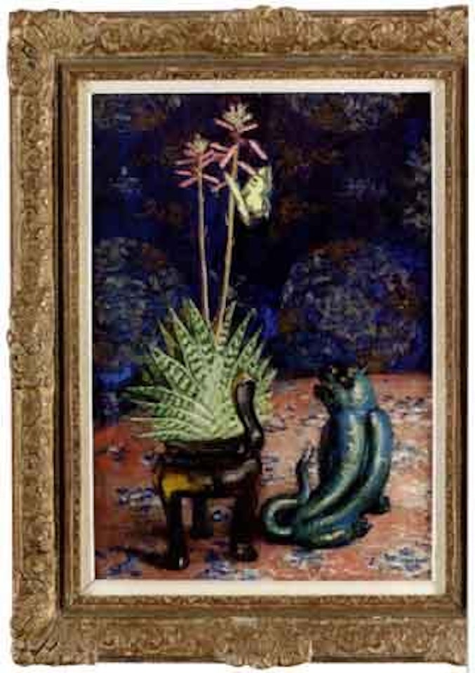 Still life of potted plant and butterfly by Olle Hjortzberg