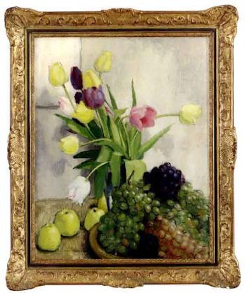 Still life of tulips and grapes by Olle Hjortzberg